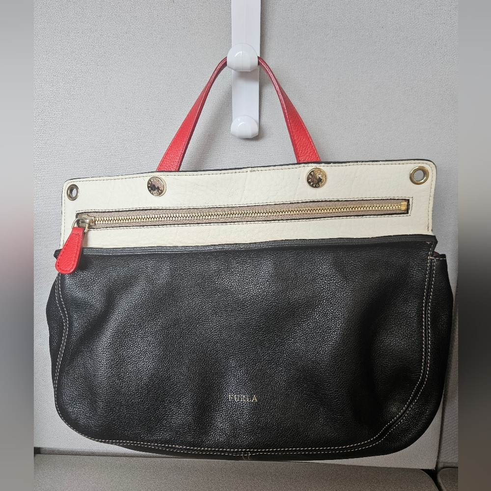 Furla Tricolor Italian Leather Bag ~ Black,  White And Red EUC